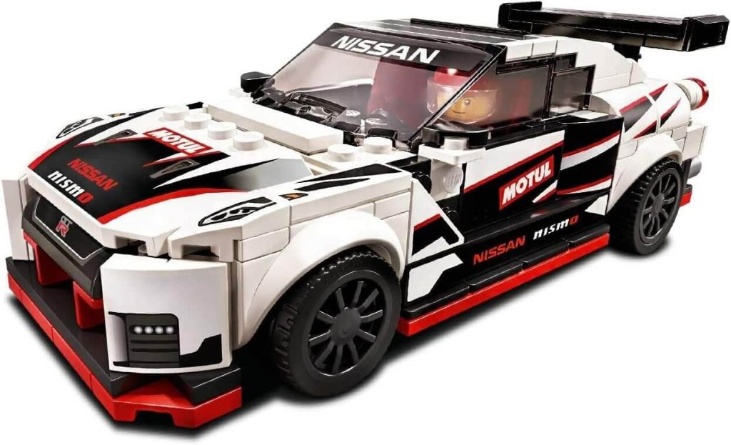 Sleek LEGO Nissan sports car model with aerodynamic design, bold accents, and sporty features.