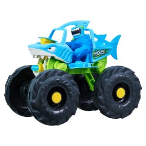 Colorful shark monster truck toy with cheerful driver, perfect for adventurous imaginative play.