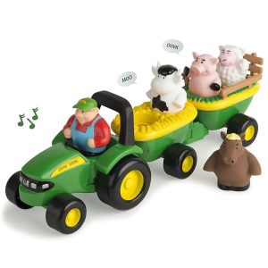 Colorful toy farm scene with a cheerful tractor, playful animals, and a friendly farmer.