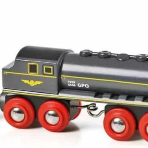 Charming vintage toy train set with sleek black engine, yellow accents, and red wheels.