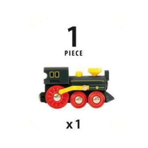 Colorful childrens toy train model with black body, red wheels, and yellow chimney, Version 1.0.0.