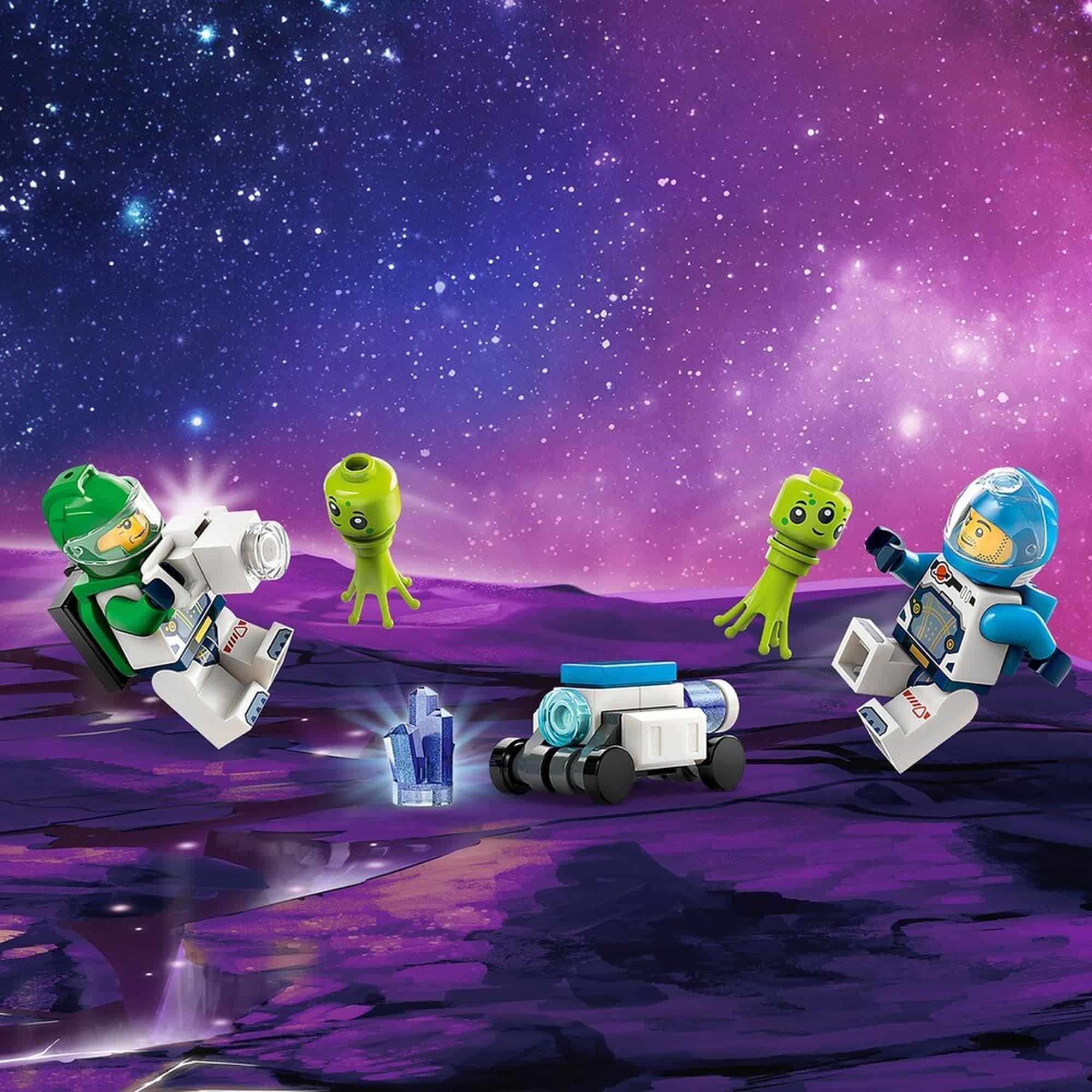 LEGO astronauts explore a vibrant cosmic landscape with playful aliens and futuristic technology.