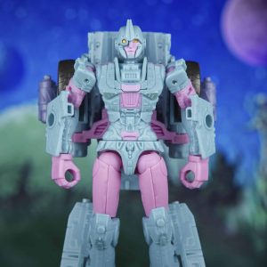 Futuristic action figure in cosmic backdrop, showcasing intricate robotic design and adventure potential.