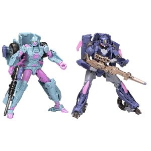 Dynamic sci-fi action figures in vibrant colors, embodying combat-ready robotic warriors.