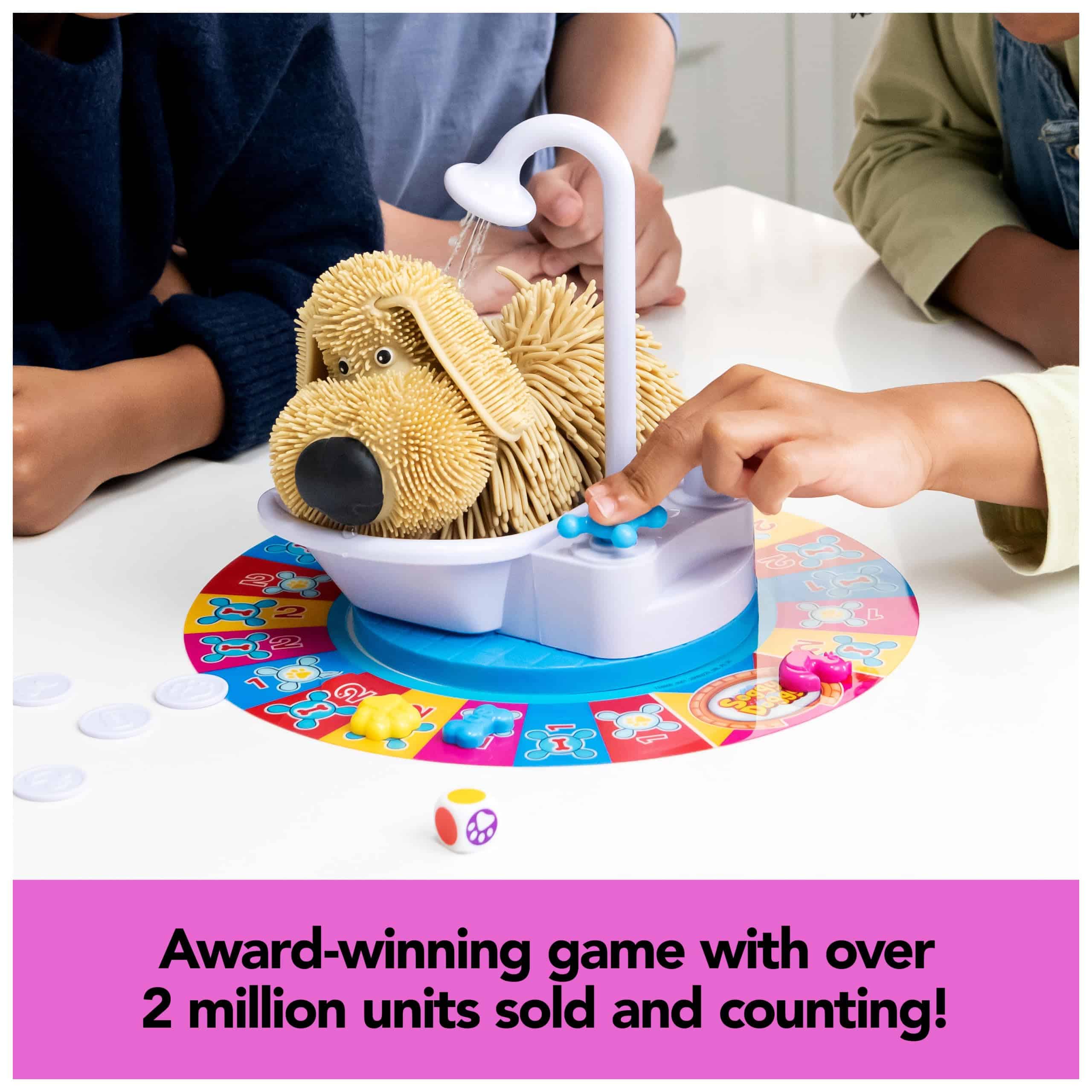 Engaging board game featuring a fluffy dog, vibrant design, and enthusiastic players enjoying fun together.