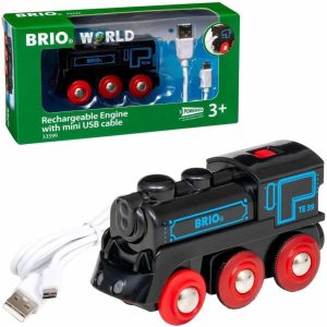 BRIO rechargeable train engine for kids: sleek design, vibrant colors, eco-friendly USB charging.