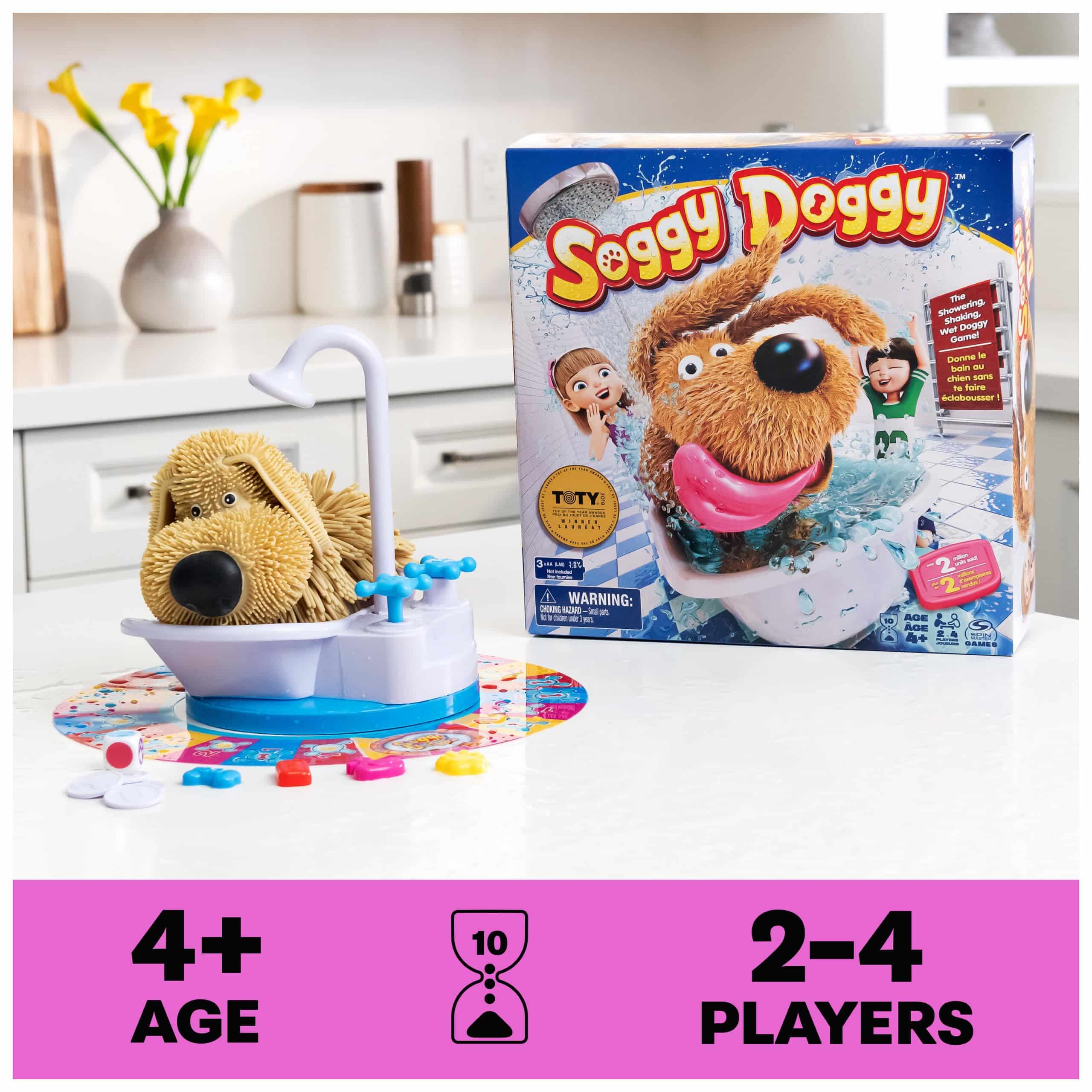 Soggy Doggy game with a plush dog in a colorful bathtub, perfect for kids interactive play.