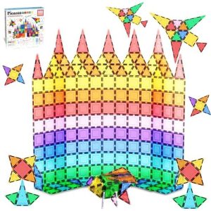 Vibrant castle made from colorful plastic pieces, fostering imaginative play and creativity.