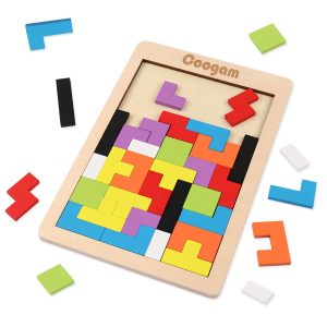 Vibrant geometric puzzle pieces in a wooden frame for creative problem-solving and play.