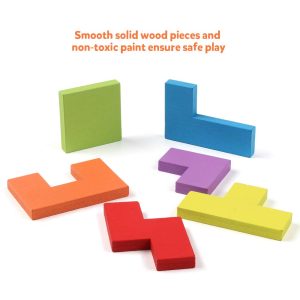 Colorful wooden puzzle pieces for creative learning and safe play in early childhood development.