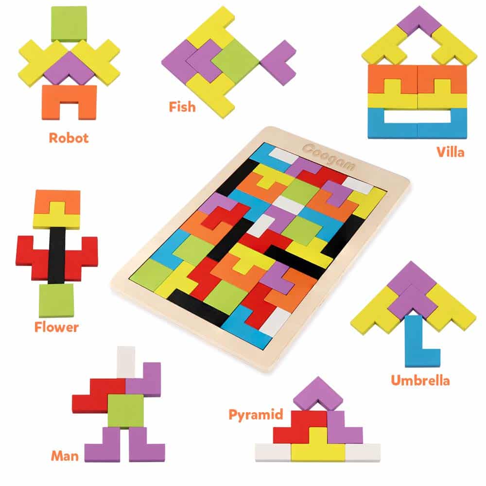 Bright wooden puzzle with geometric shapes, fostering creativity and cognitive development in children.