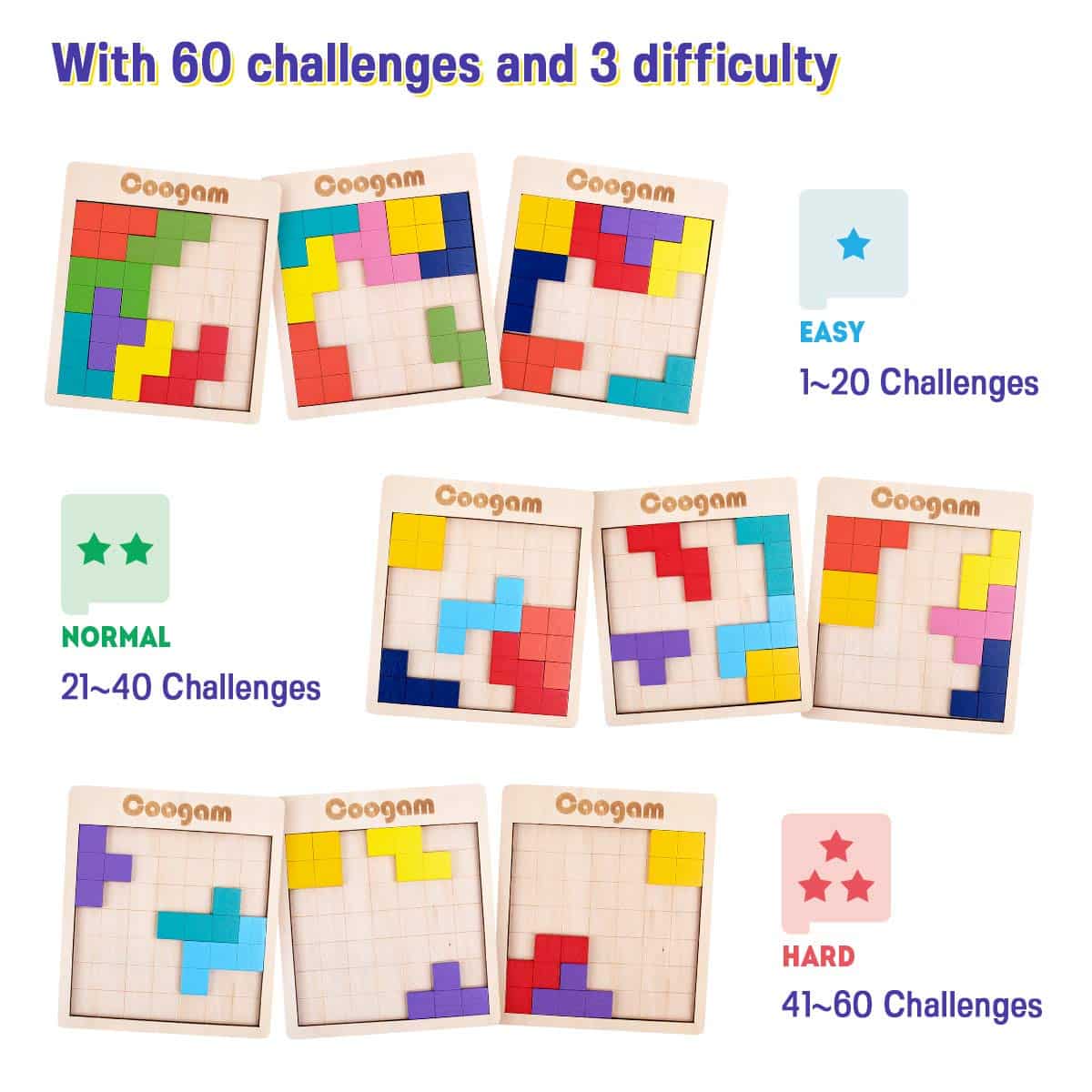 Educational puzzle game with 60 challenges designed for cognitive skills, featuring easy, normal, and hard levels.