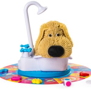 Adorable fluffy dog in whimsical bathtub, surrounded by colorful playmat and playful tokens.