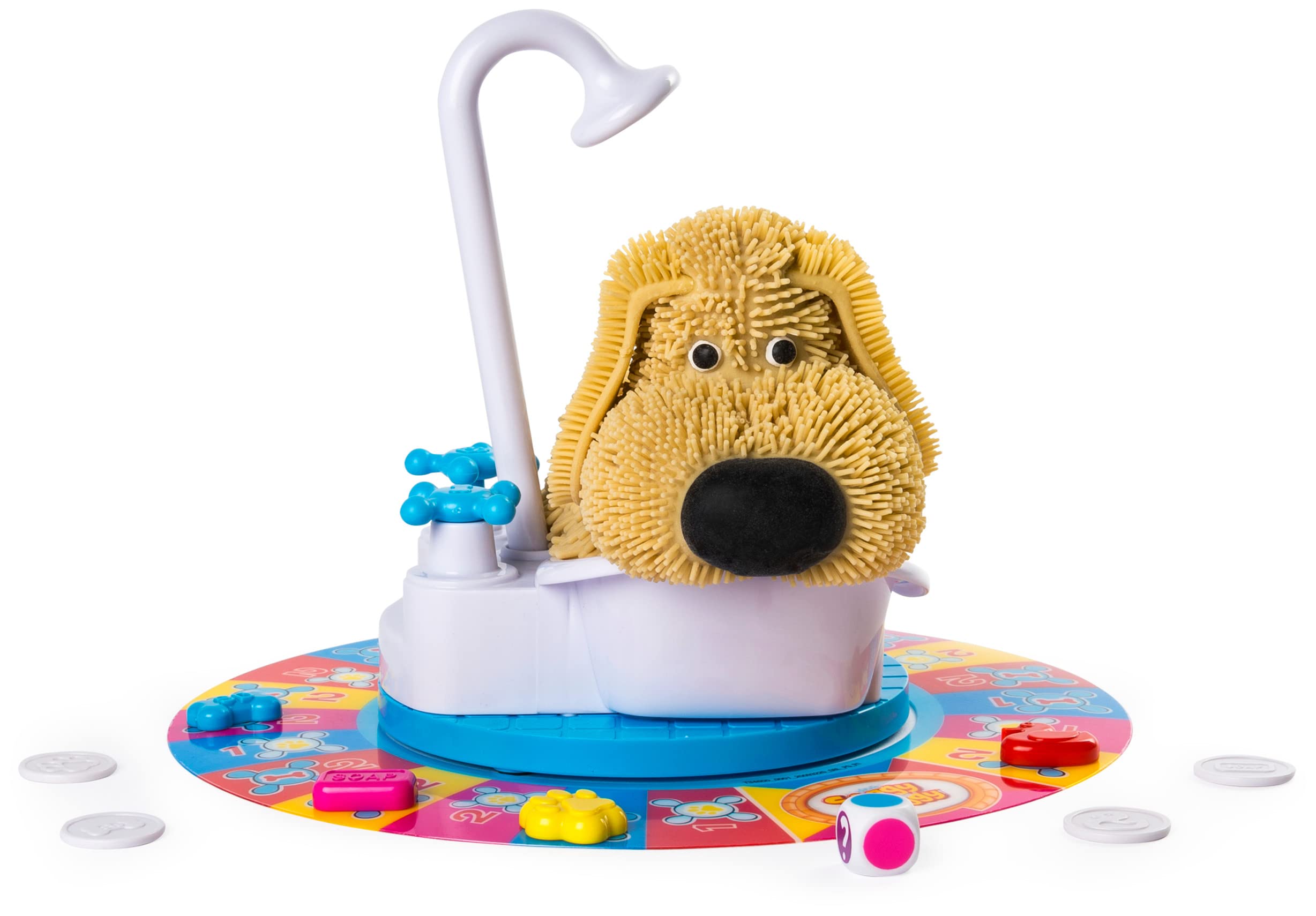 Adorable fluffy dog in whimsical bathtub, surrounded by colorful playmat and playful tokens.