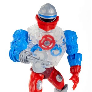 Futuristic action figure with transparent torso, colorful gears, and articulated limbs for play and display.