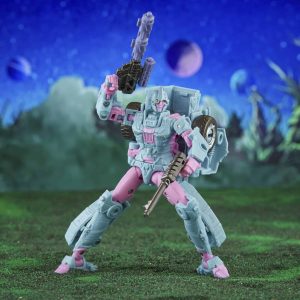 Futuristic humanoid robot action figure in an alien landscape with cosmic background.
