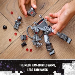 Engage in imaginative play with a customizable mech toy on a wooden surface.