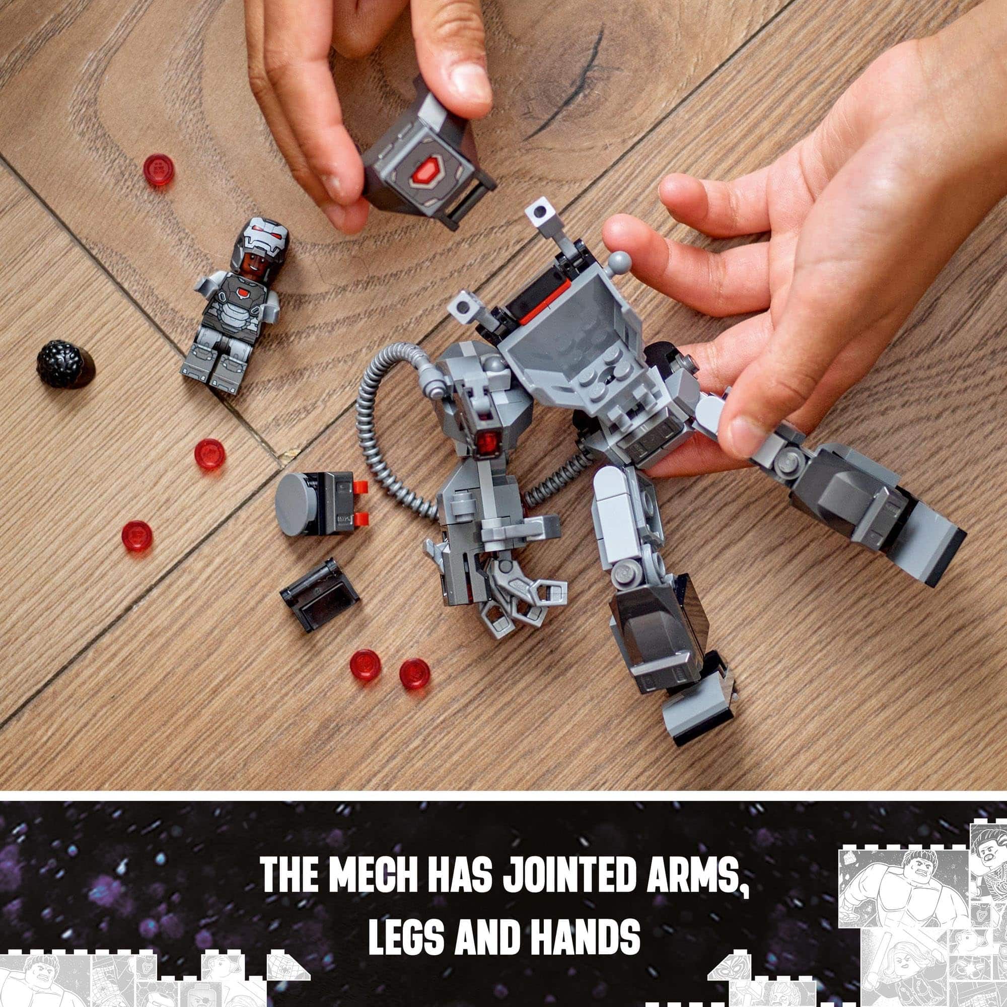 Engage in imaginative play with a customizable mech toy on a wooden surface.
