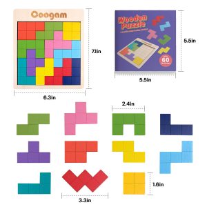 Colorful Ooogam wooden puzzle set enhances creativity and spatial skills with 60 geometric pieces.