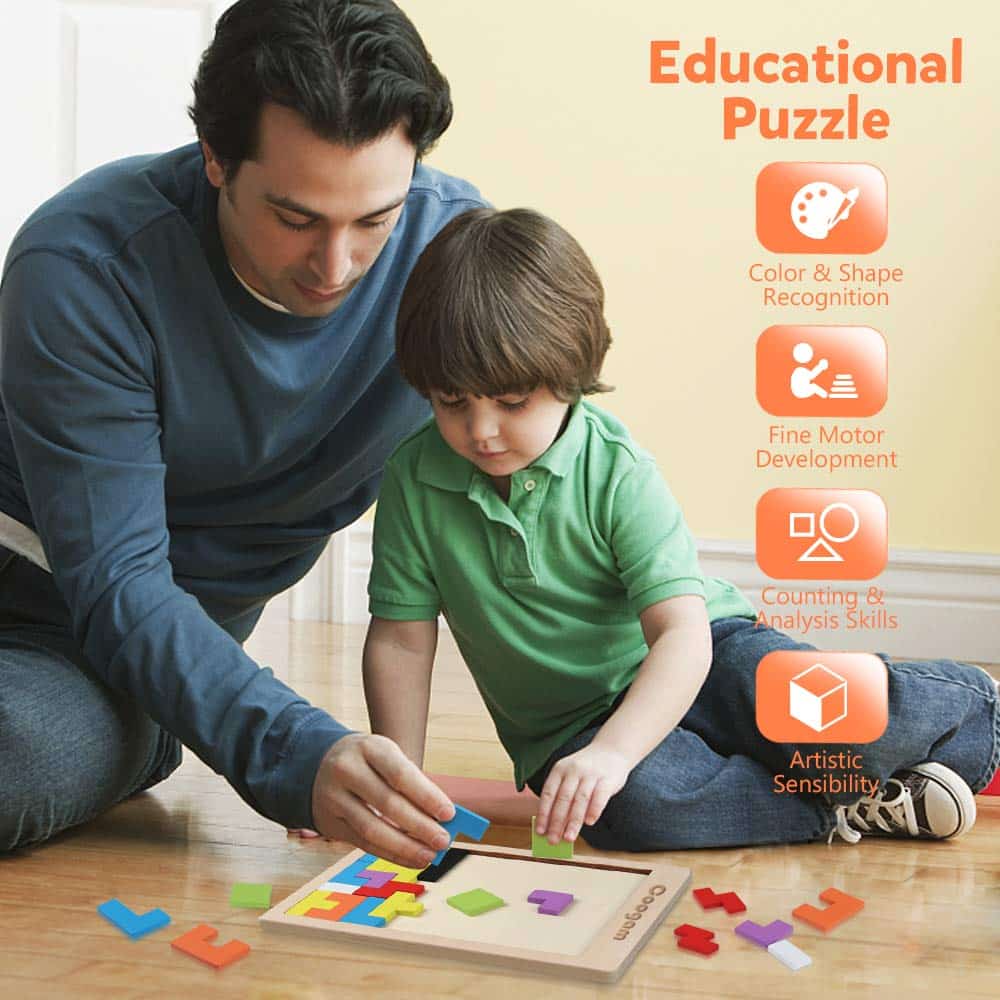 Father and son bond through colorful puzzle play, enhancing learning and fine motor skills.