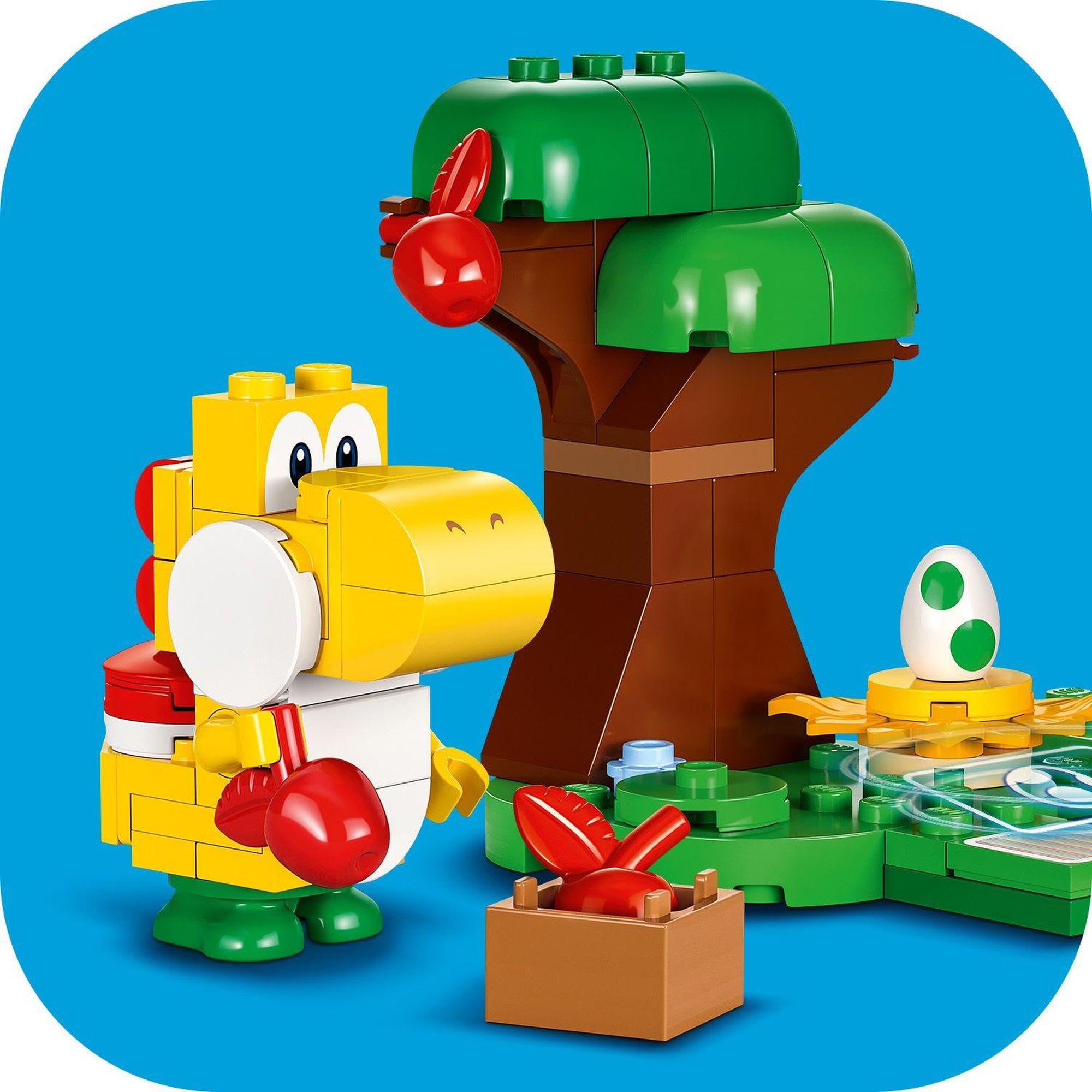 Cheerful dinosaur building blocks scene with vibrant colors, a tree, fruits, and playful elements.