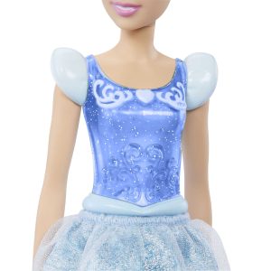 Enchanting princess doll in a shimmering blue dress with elegant patterns and fluffy gradient skirt.