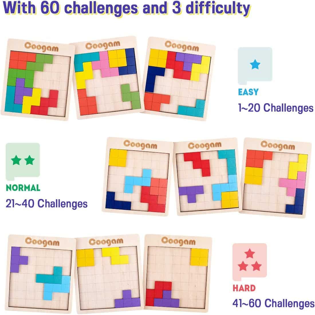 Colorful puzzle game with 60 engaging challenges across three difficulty levels: Easy, Normal, Hard.
