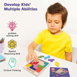 Child solving a colorful puzzle, enhancing cognitive skills through engaging play and creativity.