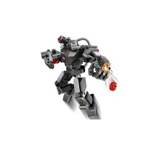 Sleek dark gray combat robot firing an orange energy beam in dynamic action pose.