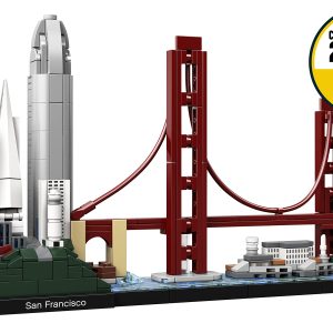 LEGO San Francisco skyline model featuring the Golden Gate Bridge and iconic buildings.