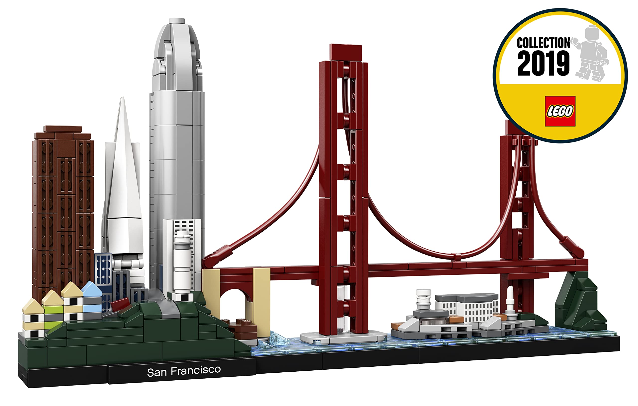 LEGO San Francisco skyline model featuring the Golden Gate Bridge and iconic buildings.