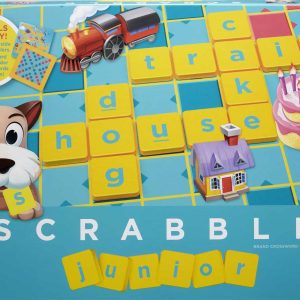 Scrabble Junior game board: colorful tiles, playful illustrations, and fun learning for children.