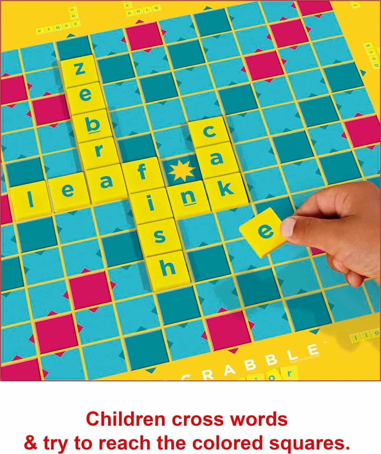 Engaging Scrabble-inspired game board for kids, featuring colorful tiles and words for educational fun.
