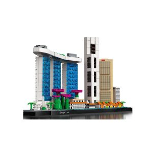 Vibrant LEGO model of Singapore skyline featuring Marina Bay Sands and lush greenery.