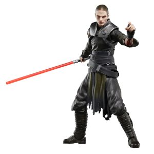 Dynamic Sith warrior poised with red lightsaber, showcasing a blend of traditional and modern design.
