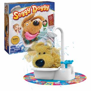 Interactive Soggy Doggy game with plush dog, bathtub play, and colorful mat for kids.