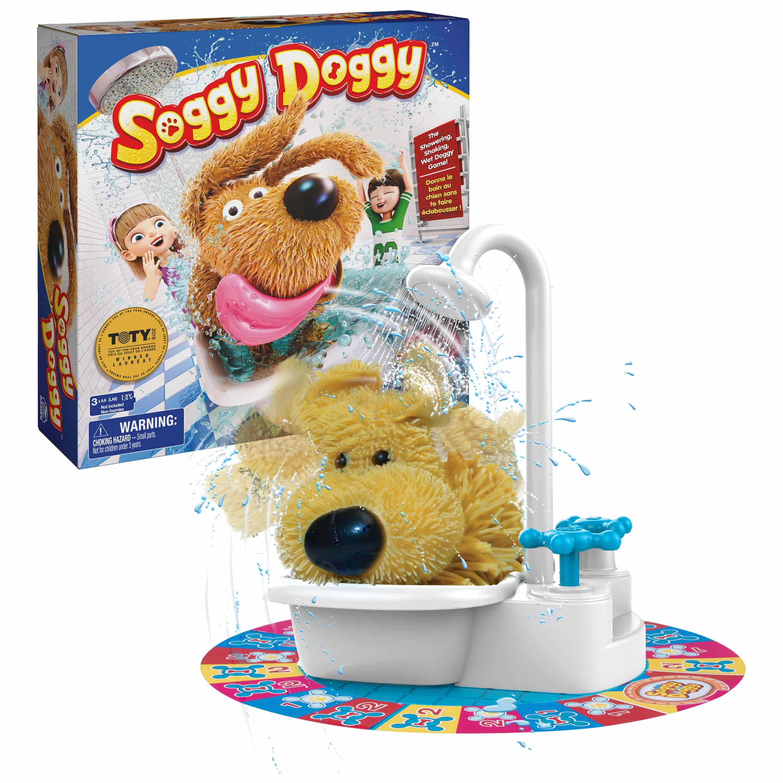Interactive Soggy Doggy game with plush dog, bathtub play, and colorful mat for kids.