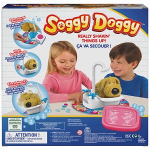 Children enjoy splashing fun in the Soggy Doggy game with a playful plush dog.