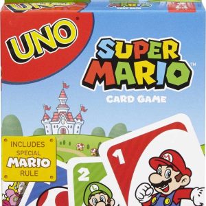Super Mario Uno Card Game packaging featuring Mario, Luigi, and Toad with vibrant artwork.