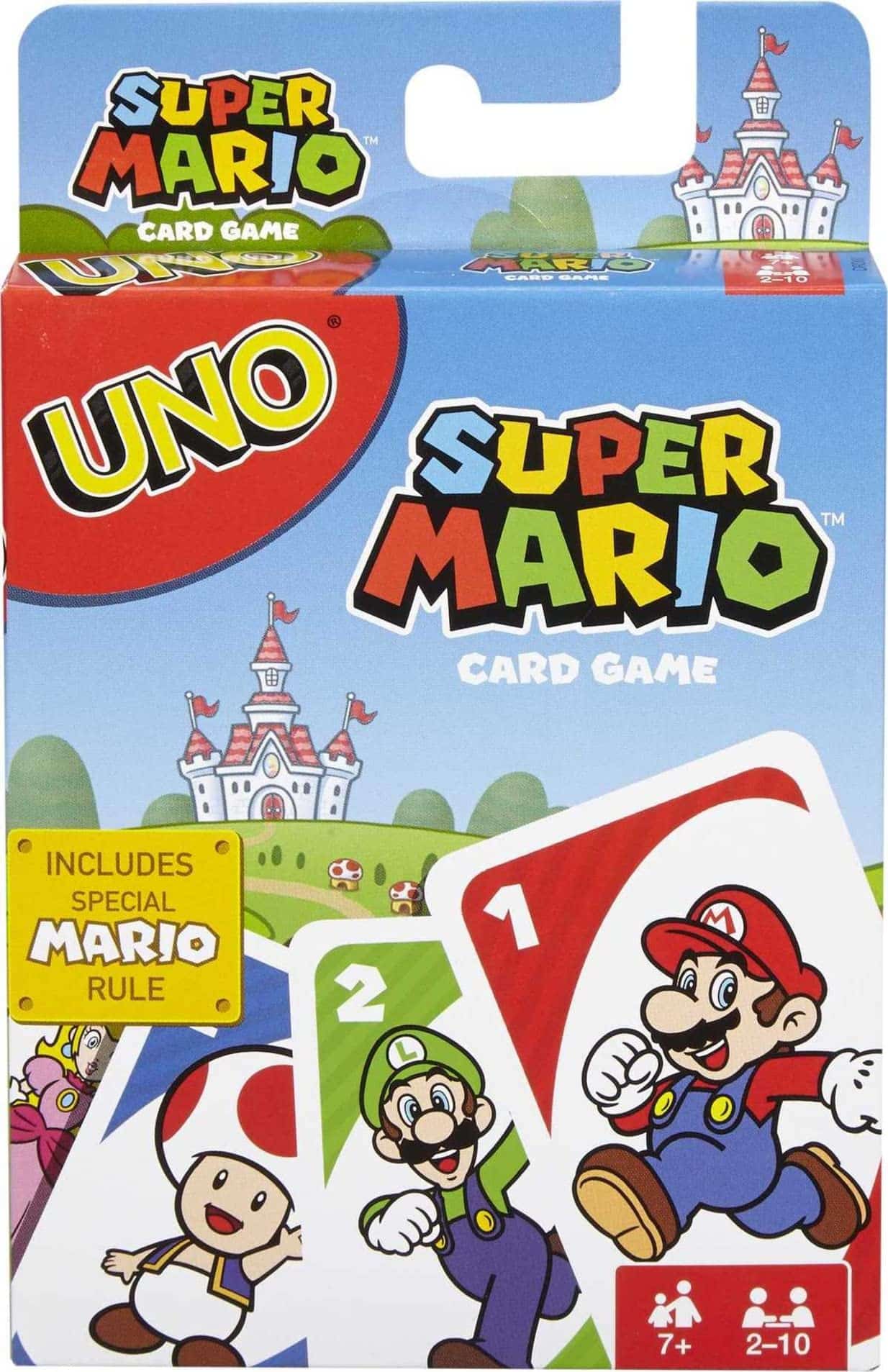 Super Mario Uno Card Game packaging featuring Mario, Luigi, and Toad with vibrant artwork.