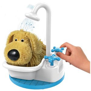 Cheerful pet bath playset with cartoon dog, interactive faucet, and textured blue tile base.