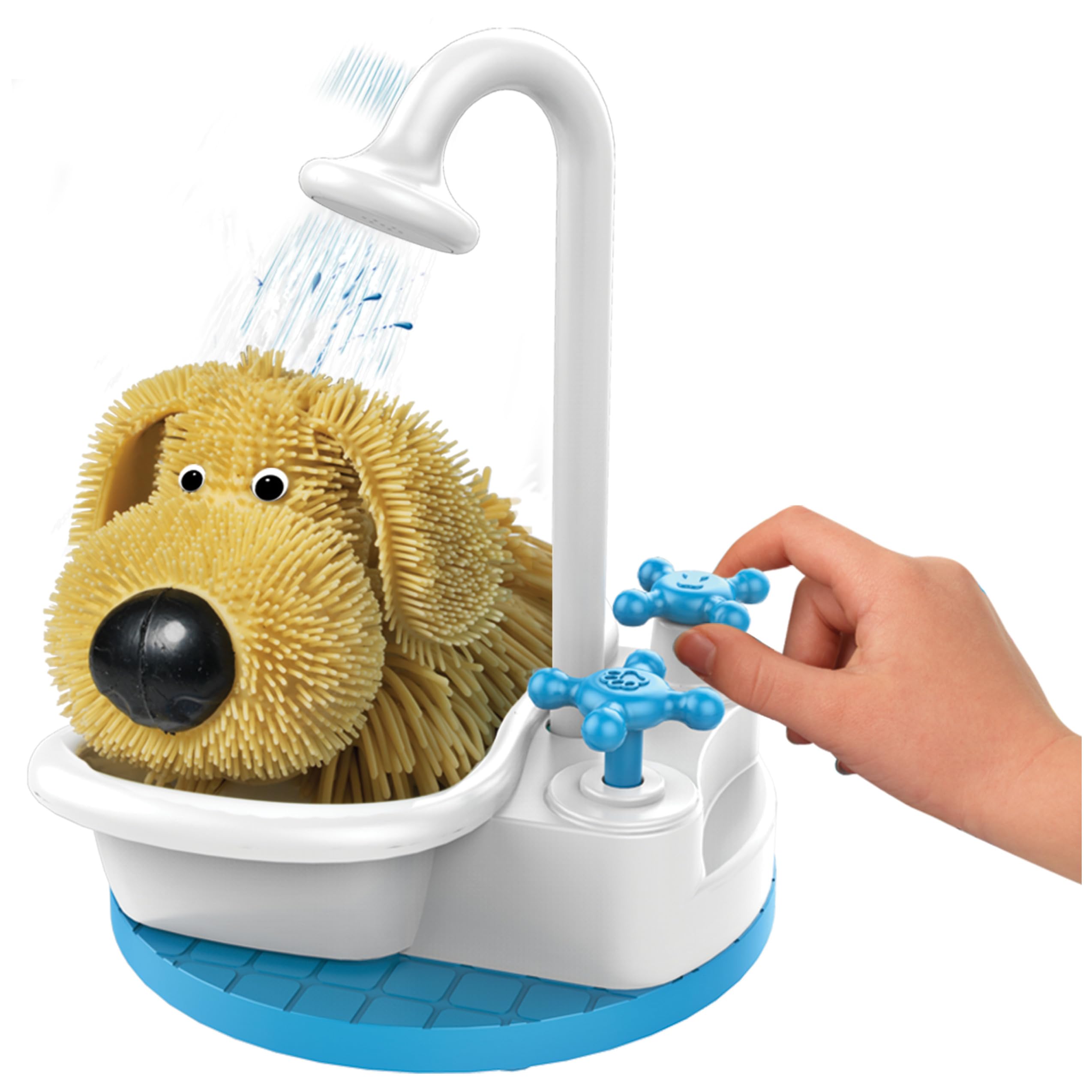 Cheerful pet bath playset with cartoon dog, interactive faucet, and textured blue tile base.