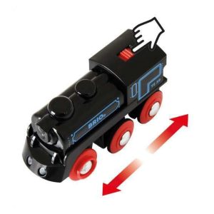Modern black and blue toy train with interactive features for creative play and skill development.
