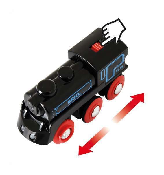 Modern black and blue toy train with interactive features for creative play and skill development.