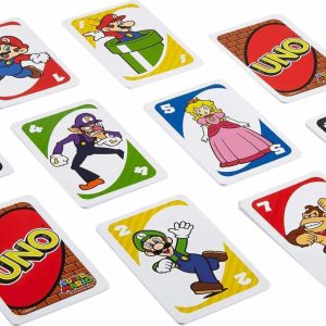 Colorful Nintendo-themed UNO cards featuring Mario characters for fun family game nights.