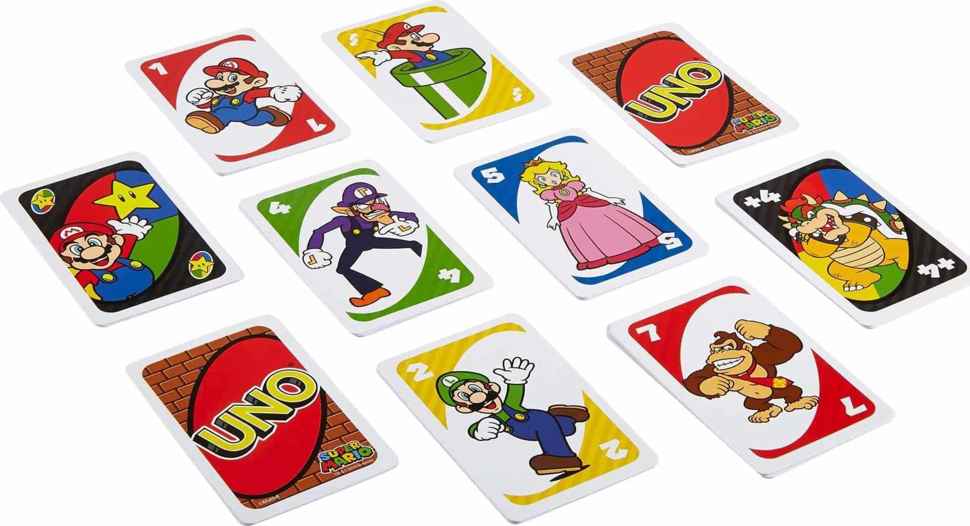 Colorful Nintendo-themed UNO cards featuring Mario characters for fun family game nights.