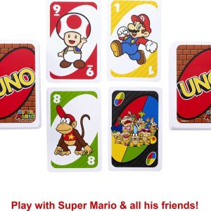UNO Super Mario character cards featuring Toad, Mario, and Diddy Kong in a vibrant adventure.