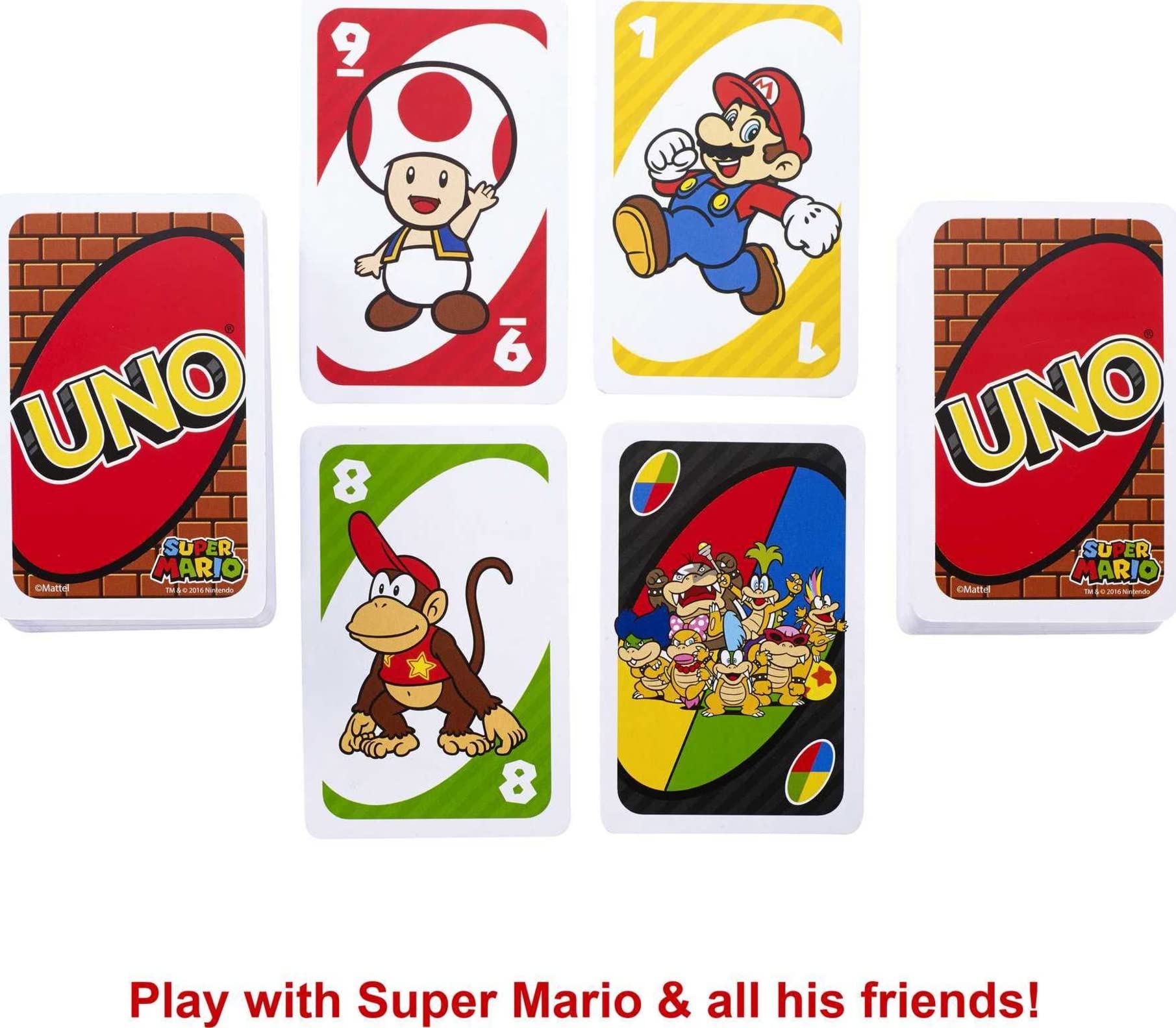 UNO Super Mario character cards featuring Toad, Mario, and Diddy Kong in a vibrant adventure.