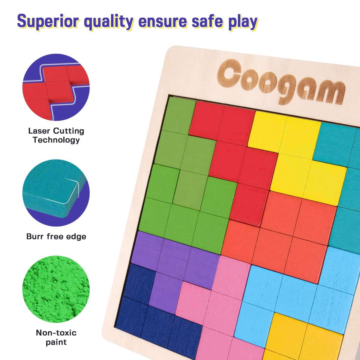 Vibrant Coogam wooden puzzle for kids—safe, educational, and creatively engaging playtime fun.