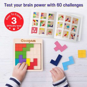 Interactive wooden geometric puzzle with 60 challenges for kids to enhance problem-solving skills.
